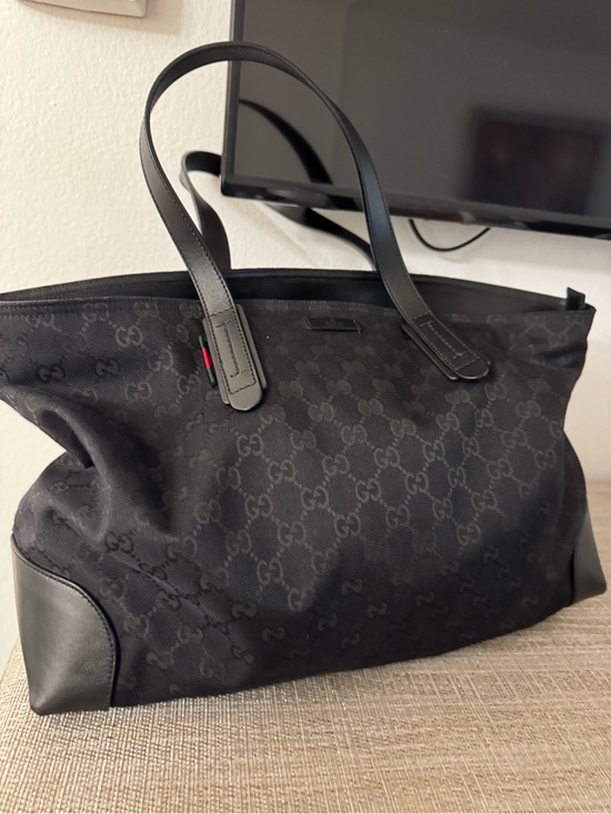 Gucci Handbags - Gucci Black GG Monogram Canvas Tote with Leather Trim